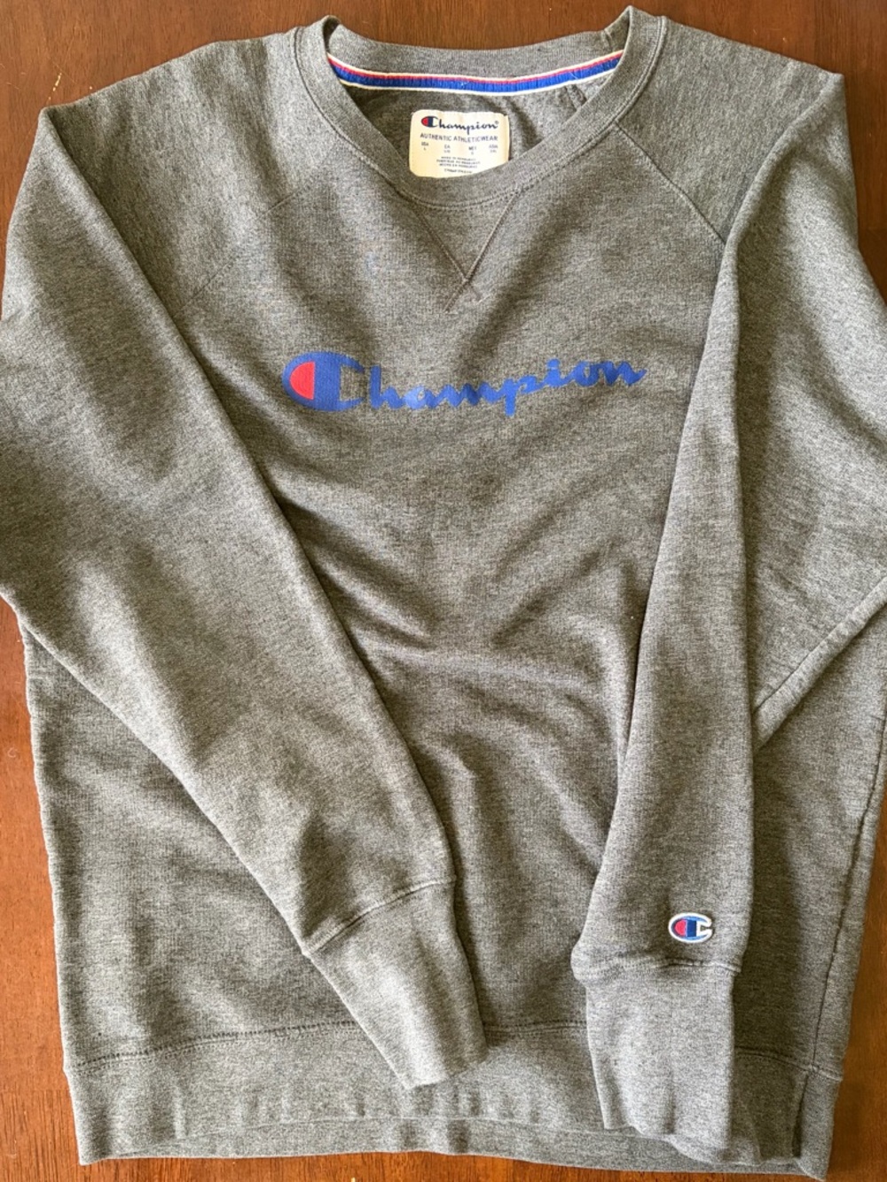 Champion Gray Crewneck Sweatshirt with Blue & Red Logo
